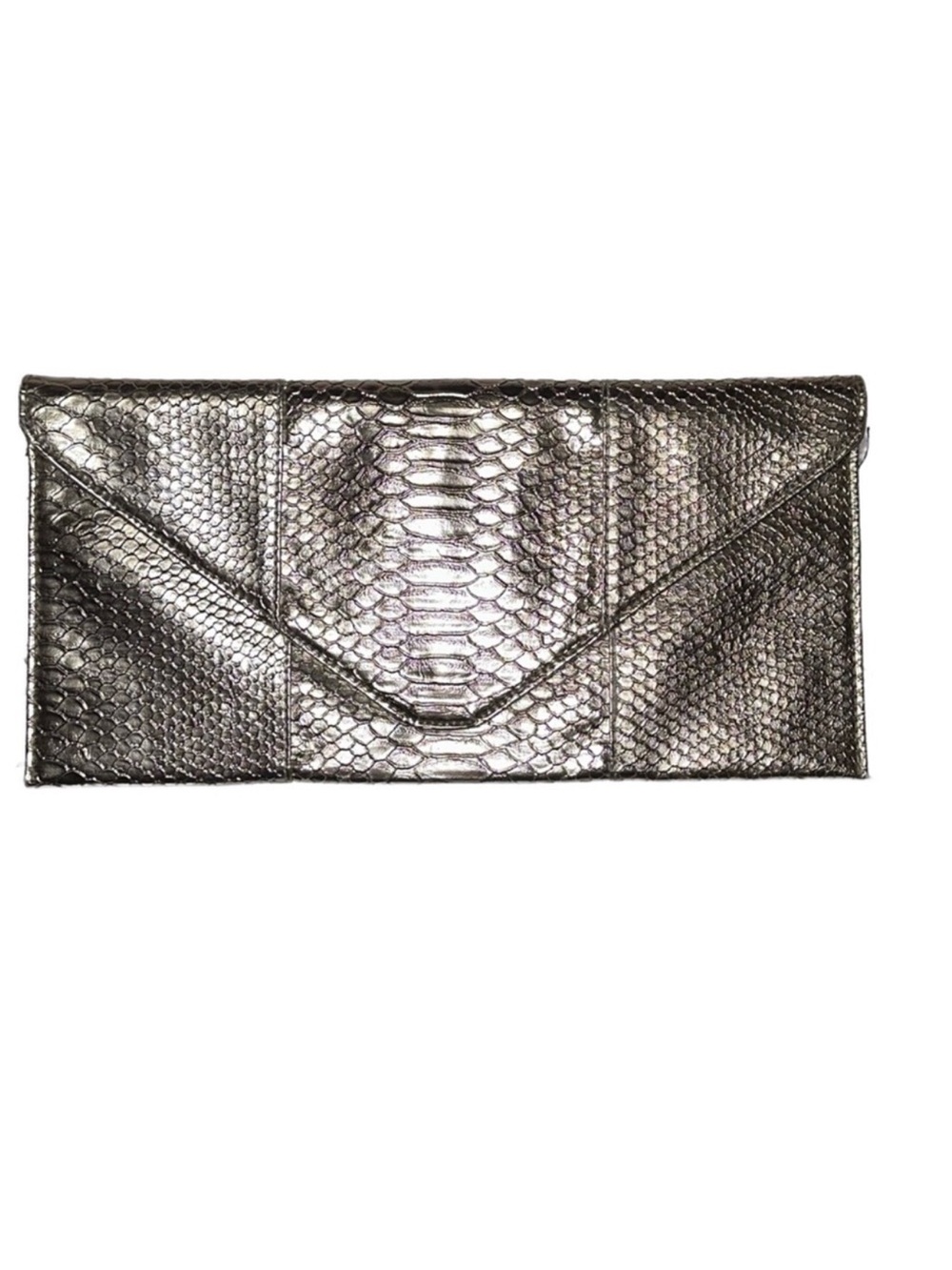Metallic Snake-Embossed Envelope Clutch - Silver